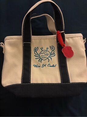 Small Lands End 3-Pocket Canvas Tote Bag with Embroidery - Cream & Navy